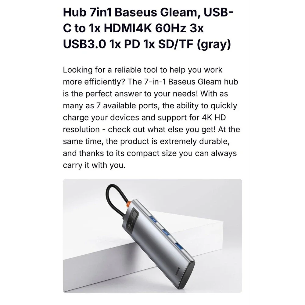 Hub 7in1 Baseus Gleam, USB-C to 1x HDMI4K 60Hz 3x USB3.0 1x PD 1x SD/TF (gray)